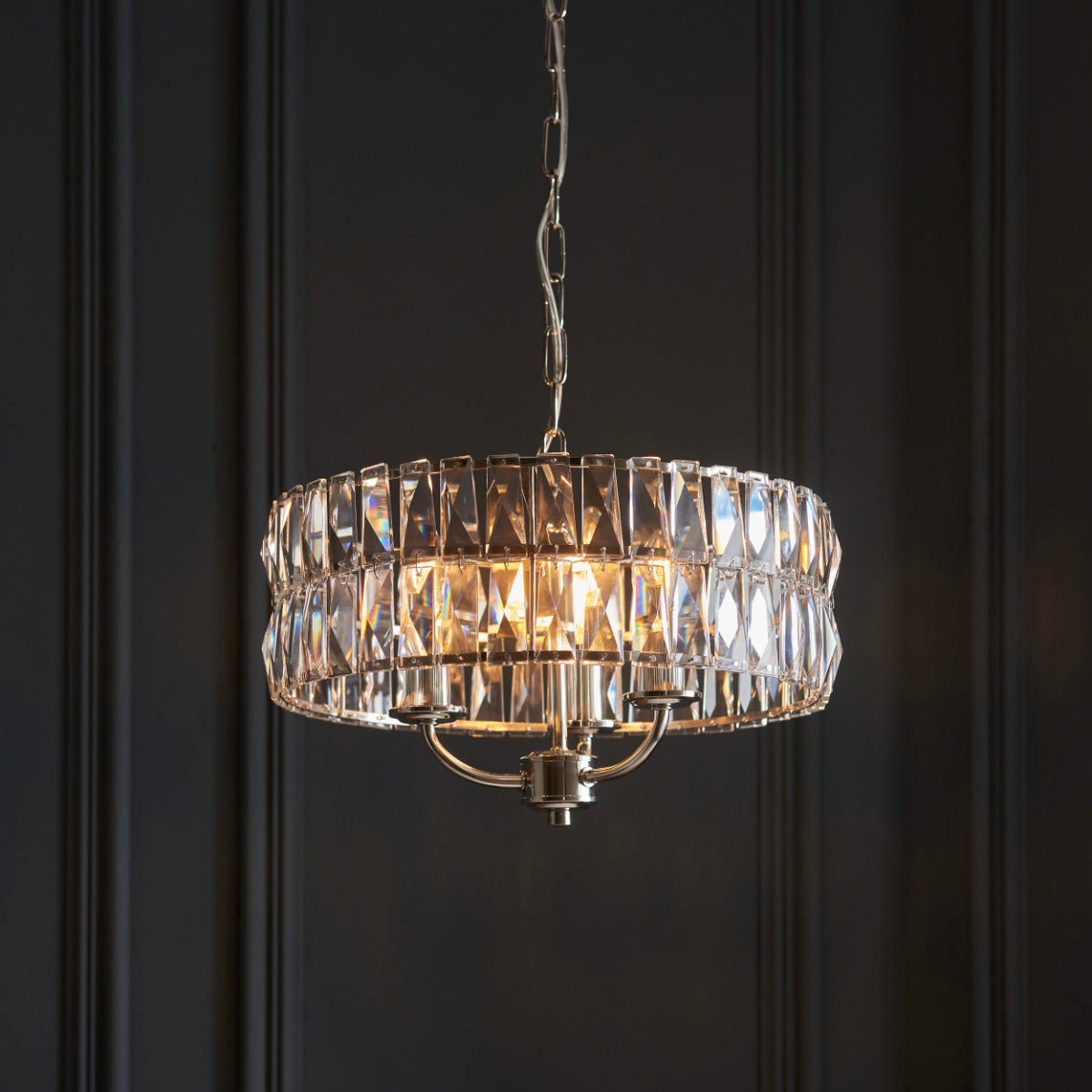 Endon Clifton 3 Light Pendant Light in Bright Nickel with Clear Crystal Glass