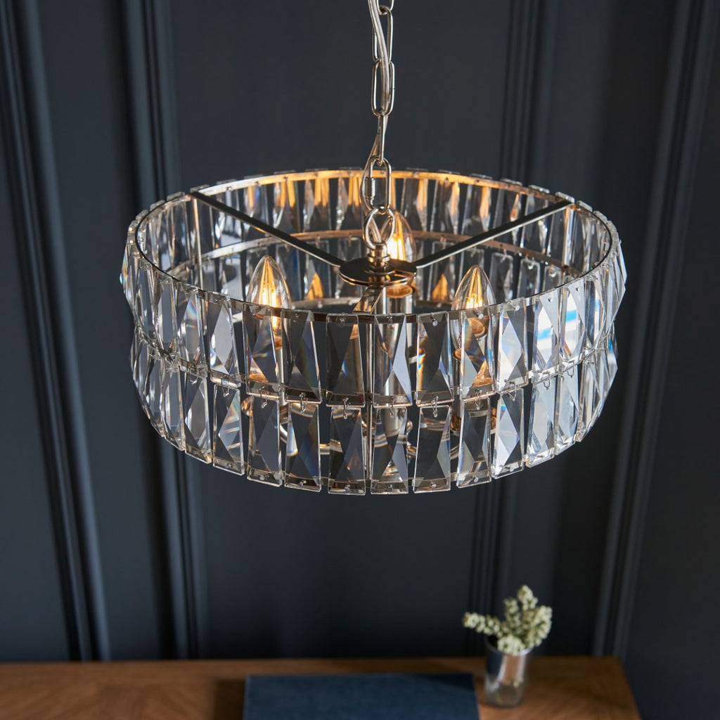 Endon Clifton 3 Light Pendant Light in Bright Nickel with Clear Crystal Glass