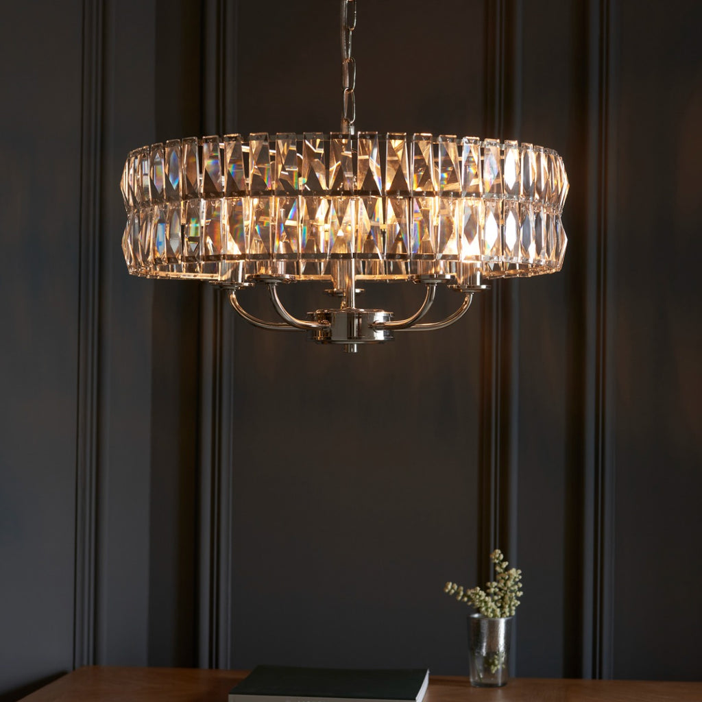 Endon Clifton 5 Light Pendant Light in Bright Nickel with Clear Crystal Glass
