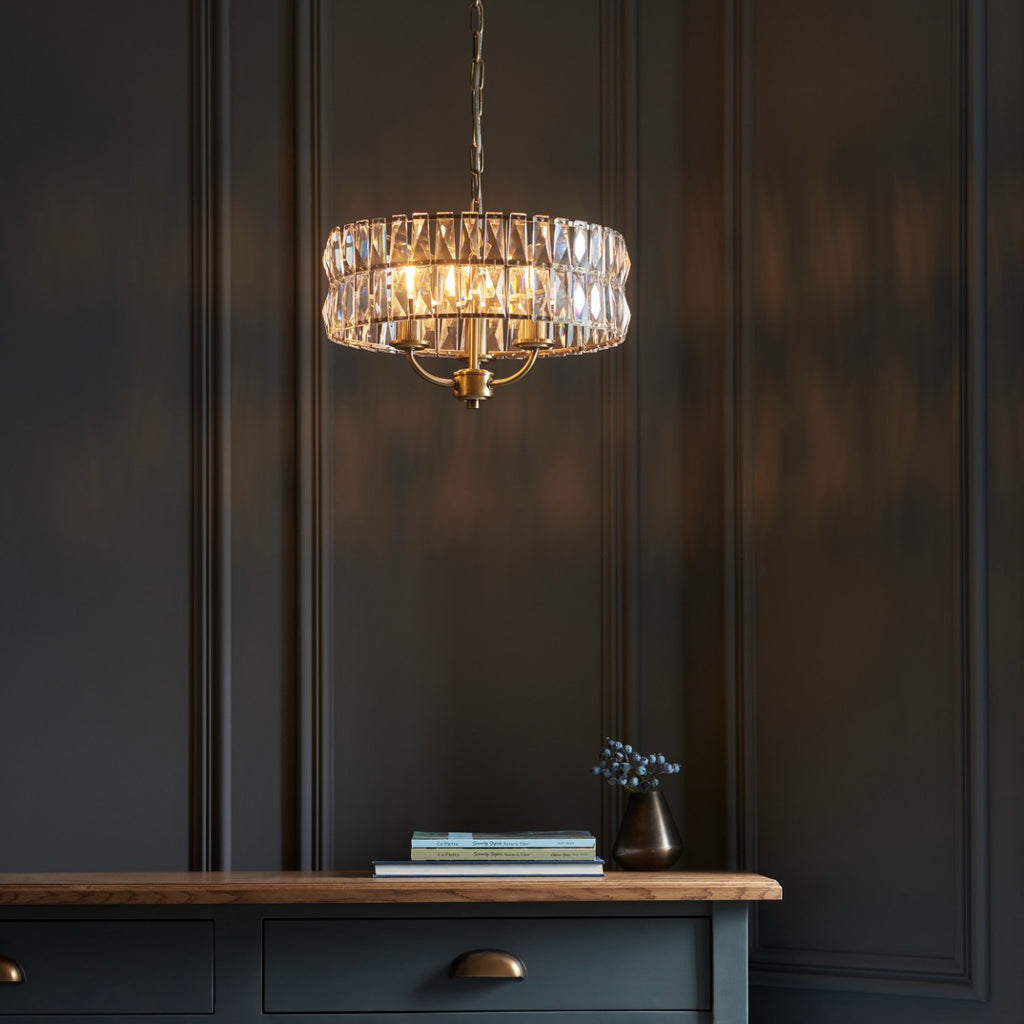 Endon Clifton 3 Light Pendant Light in Antique Brass with Clear Crystal Glass