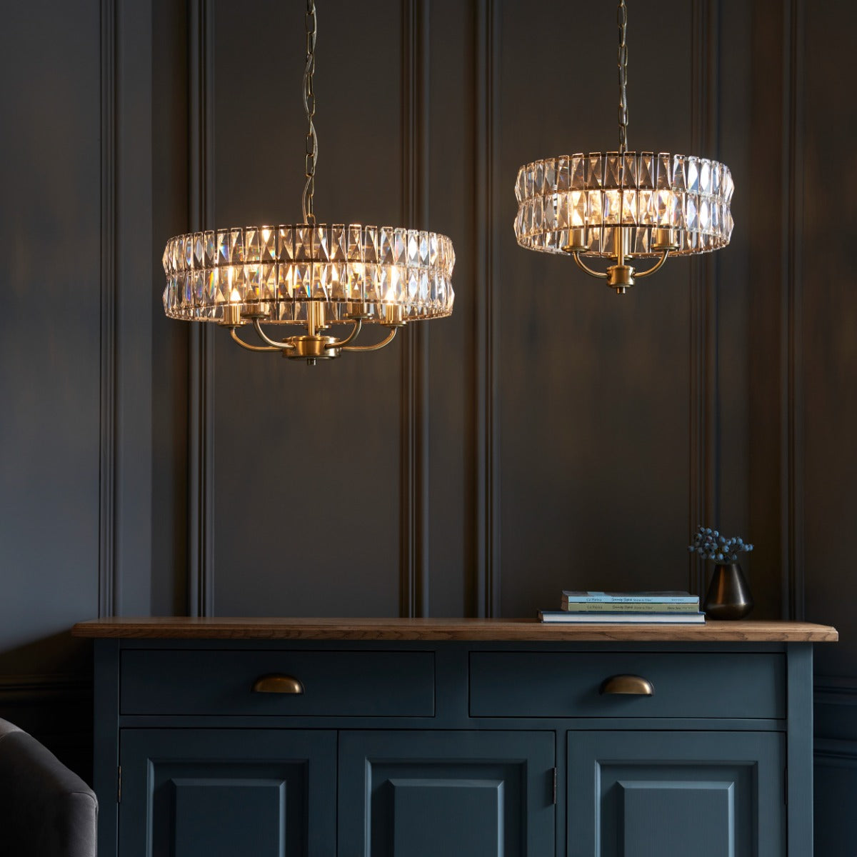 Endon Clifton 3 Light Pendant Light in Antique Brass with Clear Crystal Glass