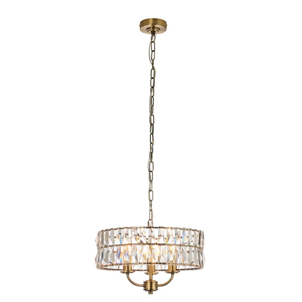 Endon Clifton 3 Light Pendant Light in Antique Brass with Clear Crystal Glass