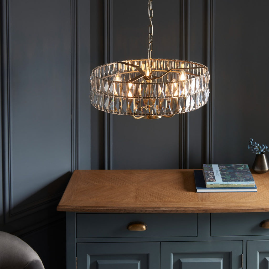 Endon Clifton 5 Light Pendant Light in Antique Brass with Clear Crystal Glass