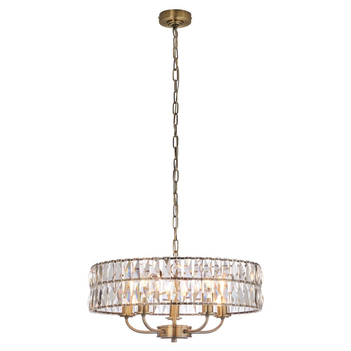 Endon Clifton 5 Light Pendant Light in Antique Brass with Clear Crystal Glass