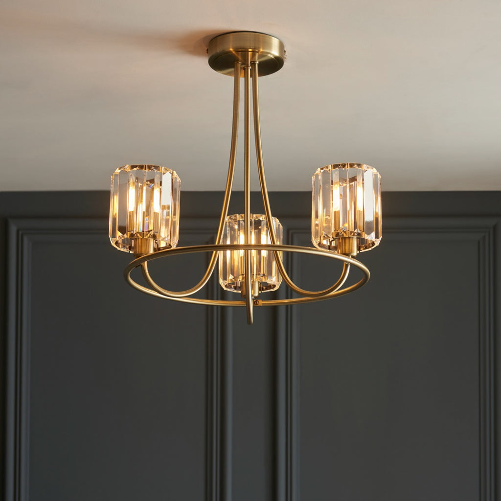 Endon Berenice 3 Light Semi Flush Ceiling Light in Antique Brass with Clear Glass