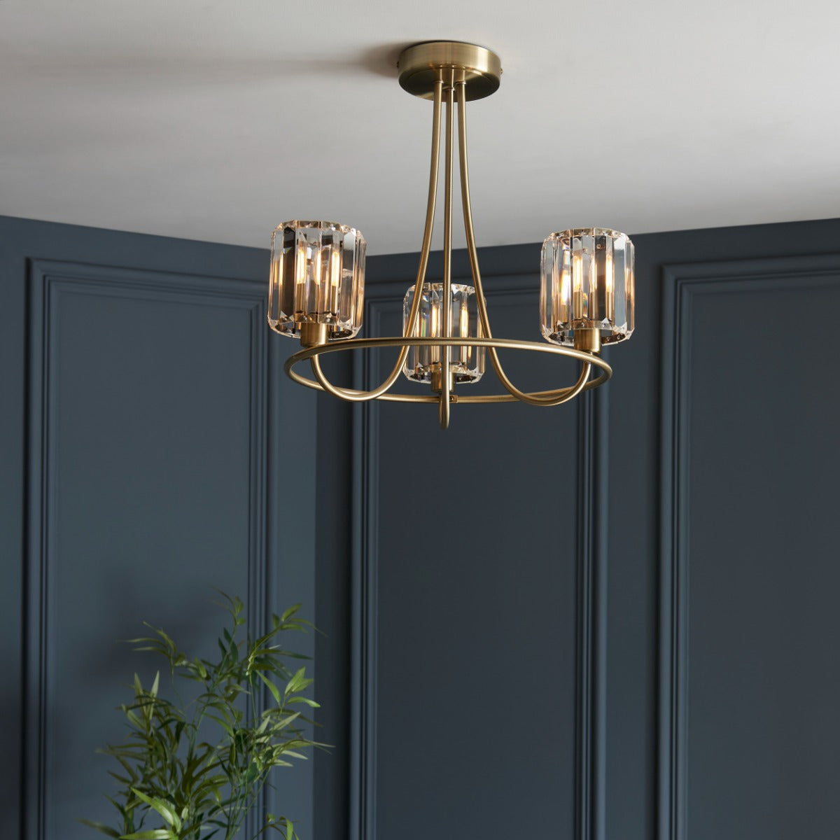 Endon Berenice 3 Light Semi Flush Ceiling Light in Antique Brass with Clear Glass