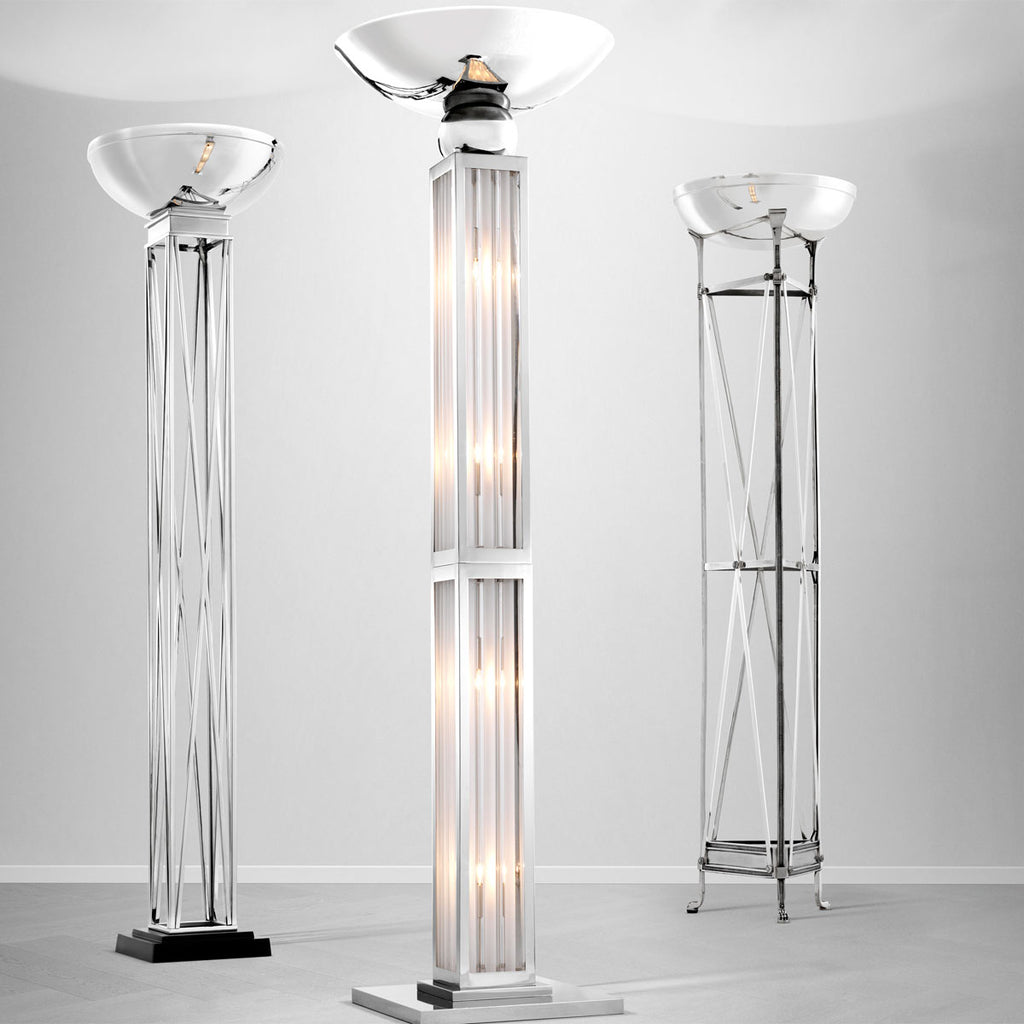 Eichholtz Dorrell Art Deco Floor Lamp in Nickel Finish with Glass Shade