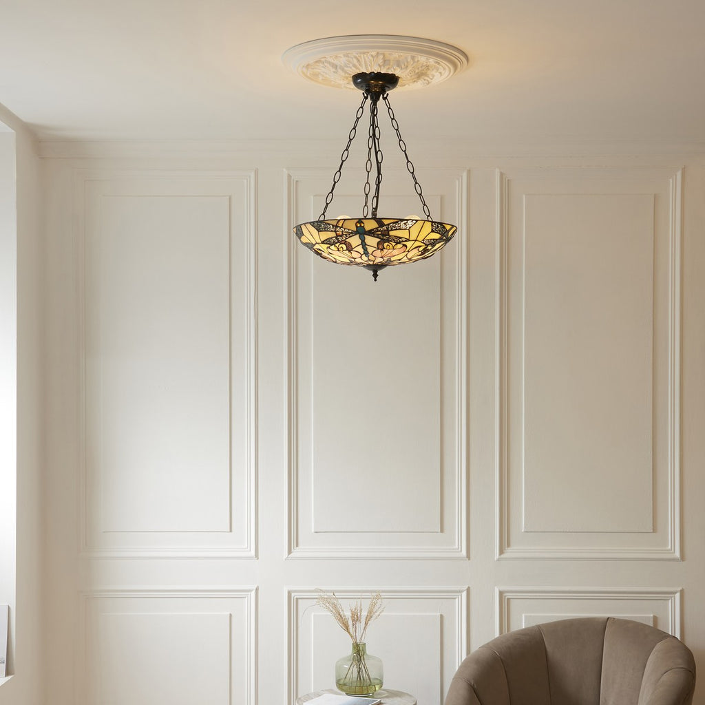 Interiors 1900 Ashton Large 3 Light Inverted Tiffany Pendant Light in Satin Black