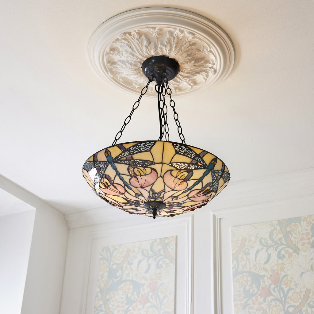 Interiors 1900 Ashton Large 3 Light Inverted Tiffany Pendant Light in Satin Black