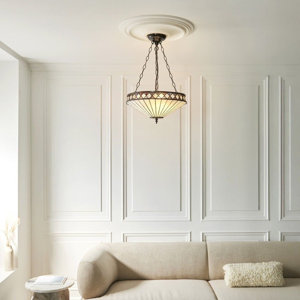 Interiors 1900 Fargo Medium 3 Light Inverted Tiffany Pendant Light in Satin Black