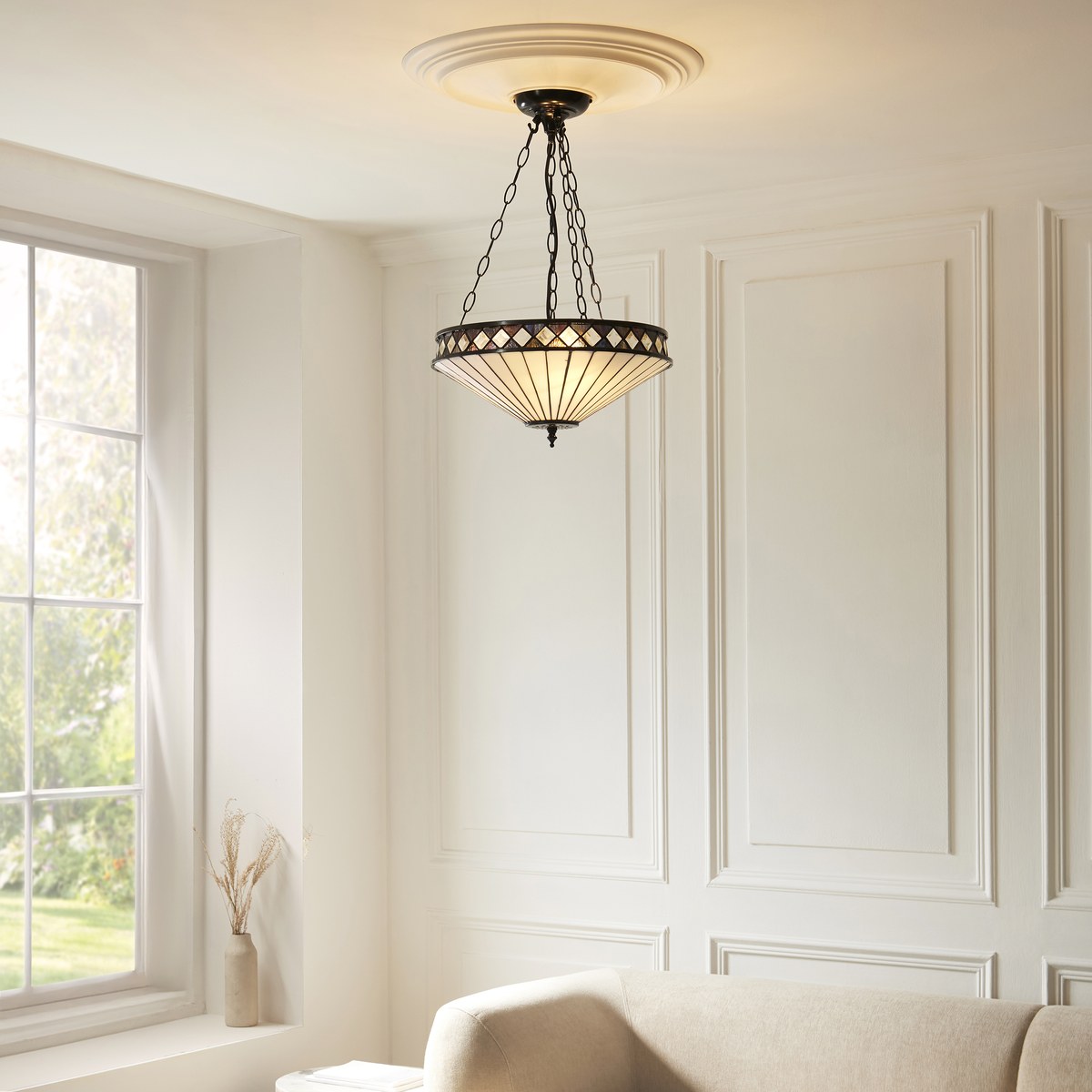 Interiors 1900 Fargo Medium 3 Light Inverted Tiffany Pendant Light in Satin Black