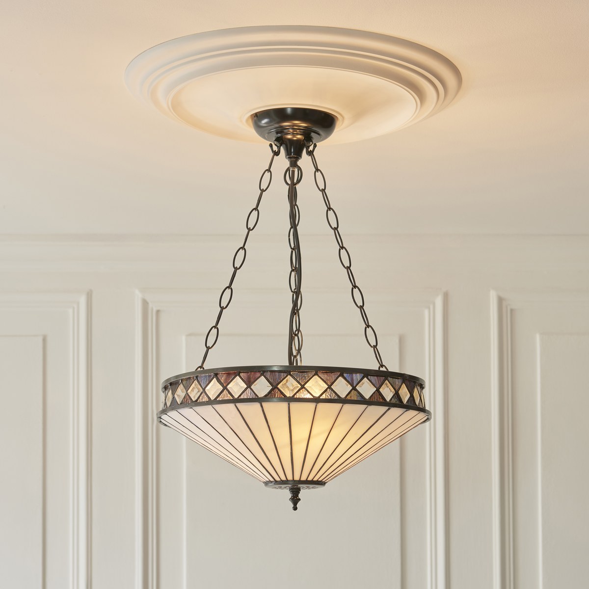 Interiors 1900 Fargo Medium 3 Light Inverted Tiffany Pendant Light in Satin Black