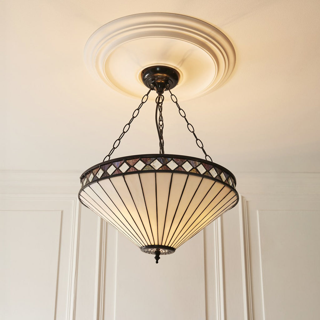 Interiors 1900 Fargo Large 3 Light Inverted Tiffany Pendant Light in Satin Black