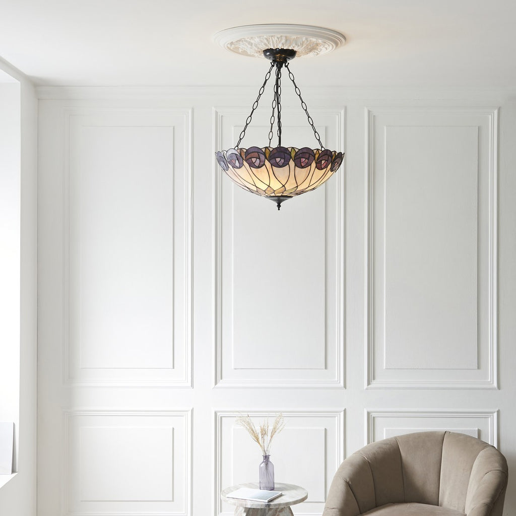 Interiors 1900 Hutchinson Large 3 Light Inverted Tiffany Pendant Light in Satin Black