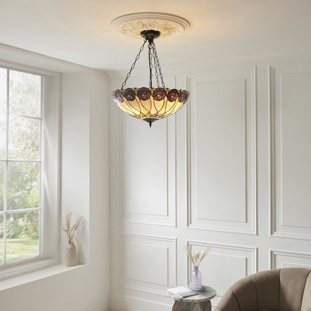 Interiors 1900 Hutchinson Large 3 Light Inverted Tiffany Pendant Light in Satin Black