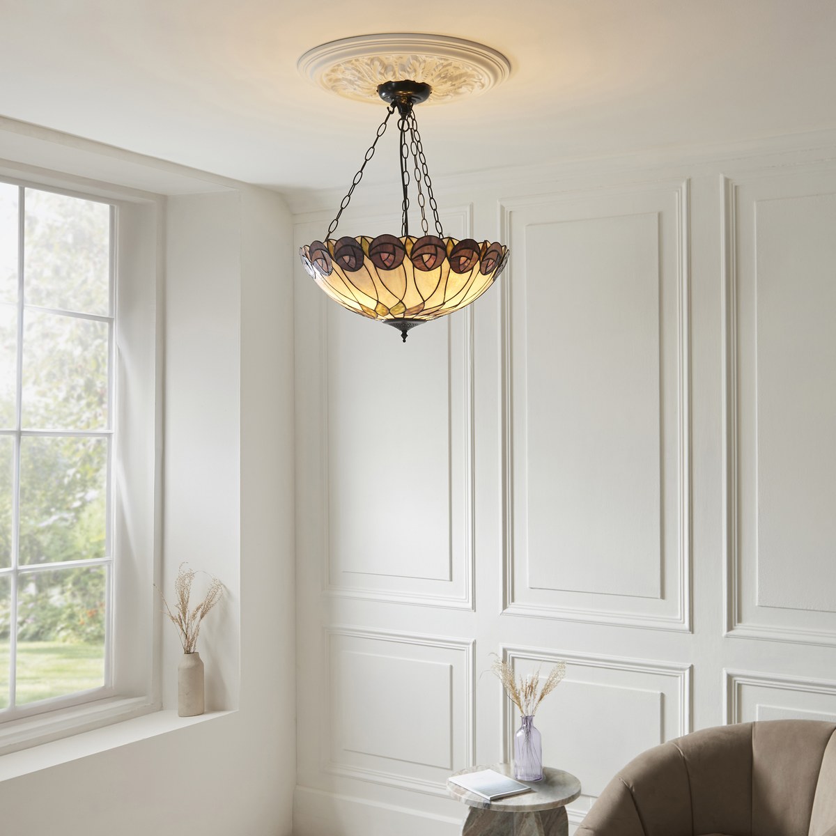 Interiors 1900 Hutchinson Large 3 Light Inverted Tiffany Pendant Light in Satin Black