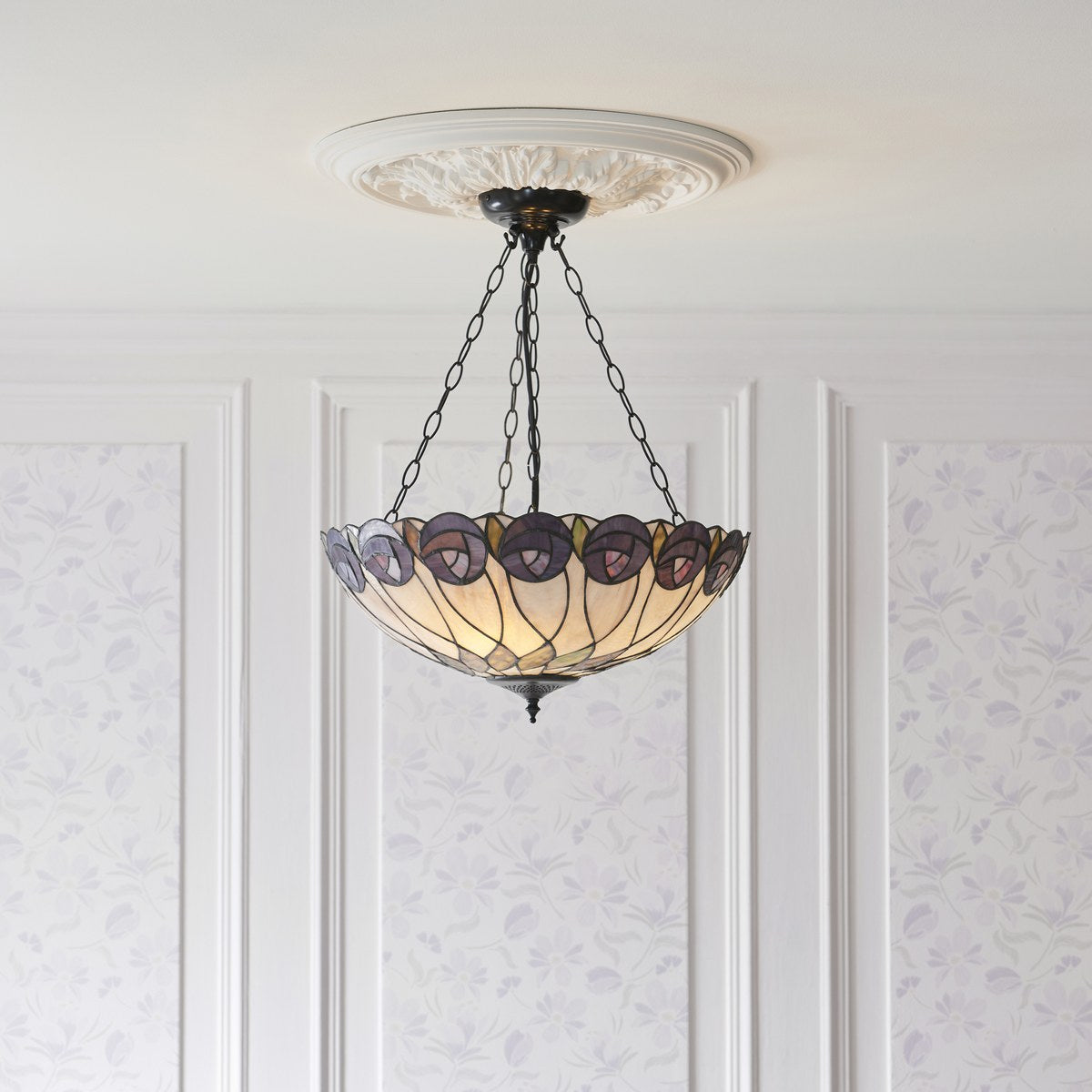 Interiors 1900 Hutchinson Large 3 Light Inverted Tiffany Pendant Light in Satin Black
