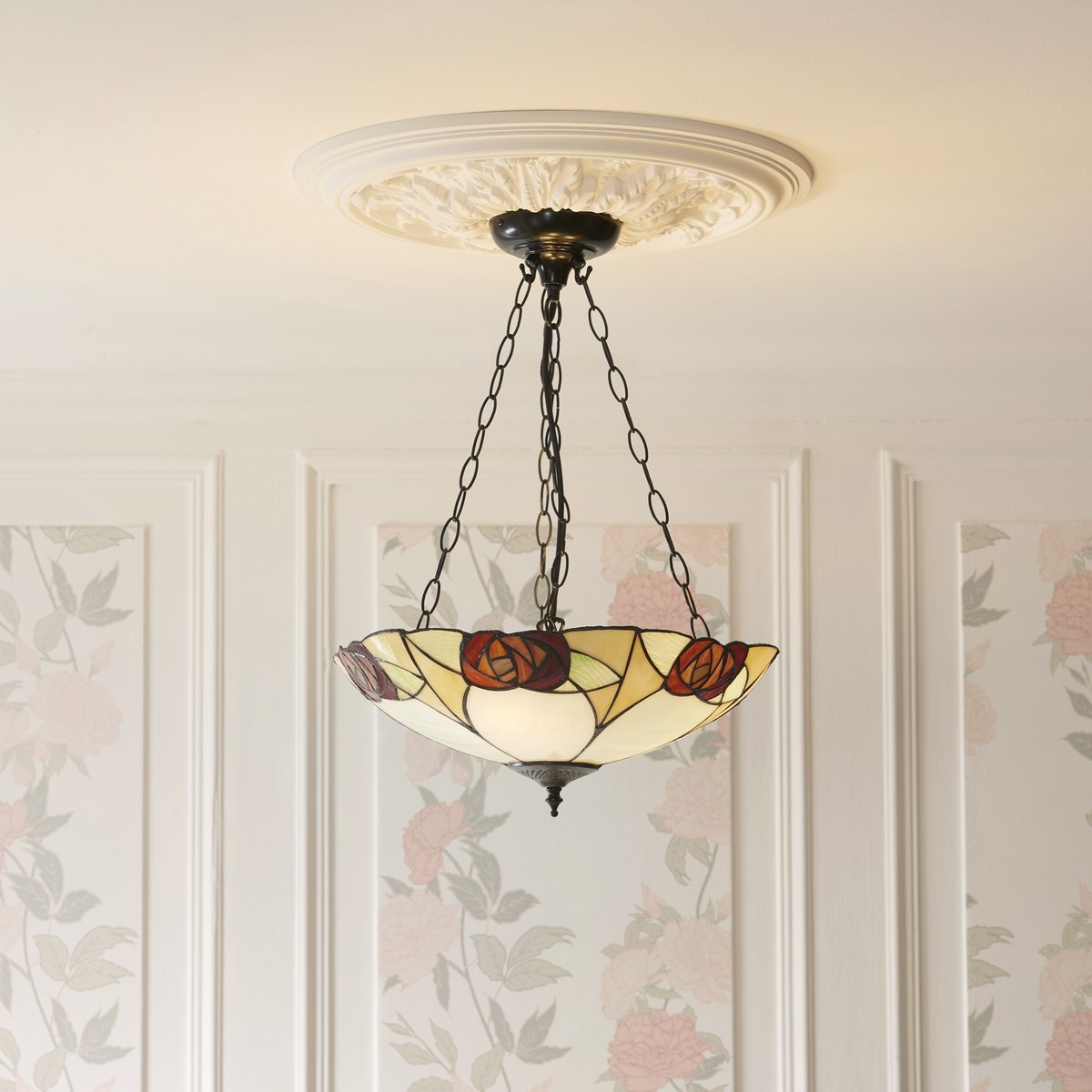 Interiors 1900 Ingram Large 3 Light Inverted Tiffany Pendant Light in Dark Bronze