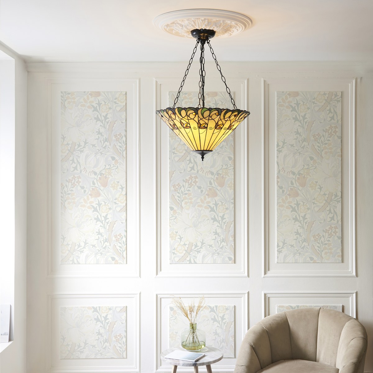 Interiors 1900 Jamelia 3 Light Inverted Tiffany Pendant Light in Satin Black