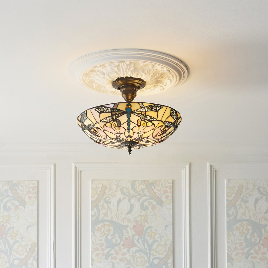 Interiors 1900 Ashton 3 Light Tiffany Semi Flush Ceiling Light in Satin Black