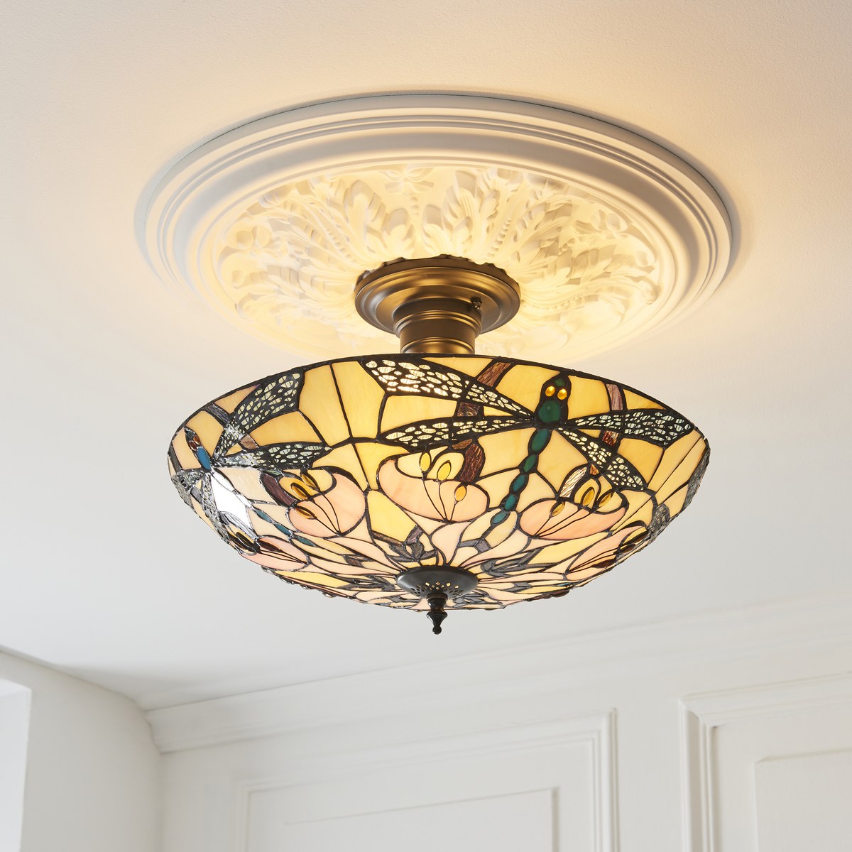 Interiors 1900 Ashton 3 Light Tiffany Semi Flush Ceiling Light in Satin Black