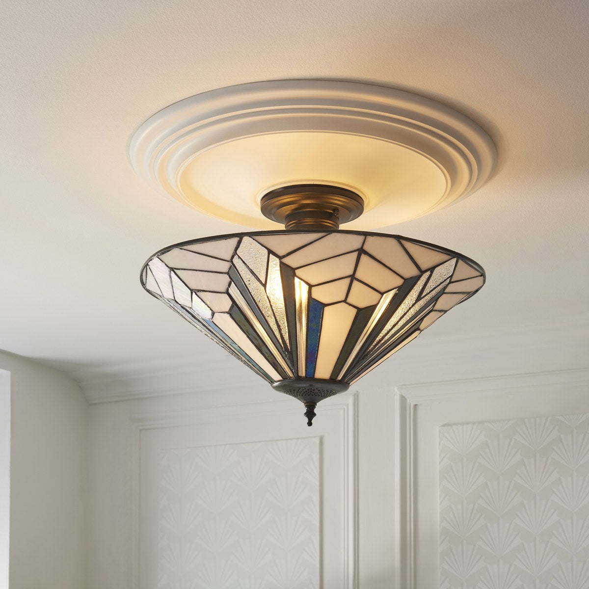 Interiors 1900 Astoria 3 Light Tiffany Semi Flush Ceiling Light in Satin Black