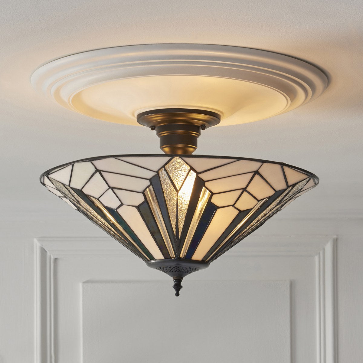 Interiors 1900 Astoria 3 Light Tiffany Semi Flush Ceiling Light in Satin Black
