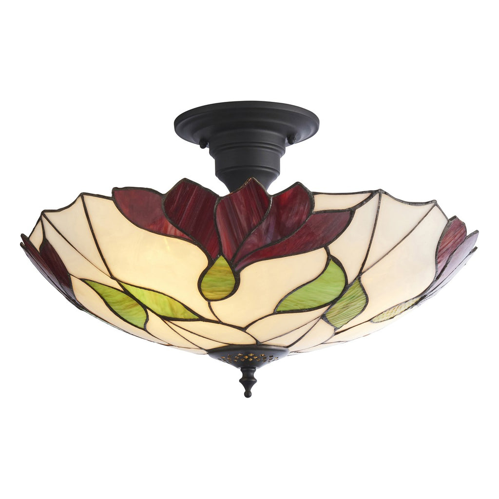 Interiors 1900 Botanica Large 3 Light Tiffany Semi Flush Ceiling Light in Satin Black