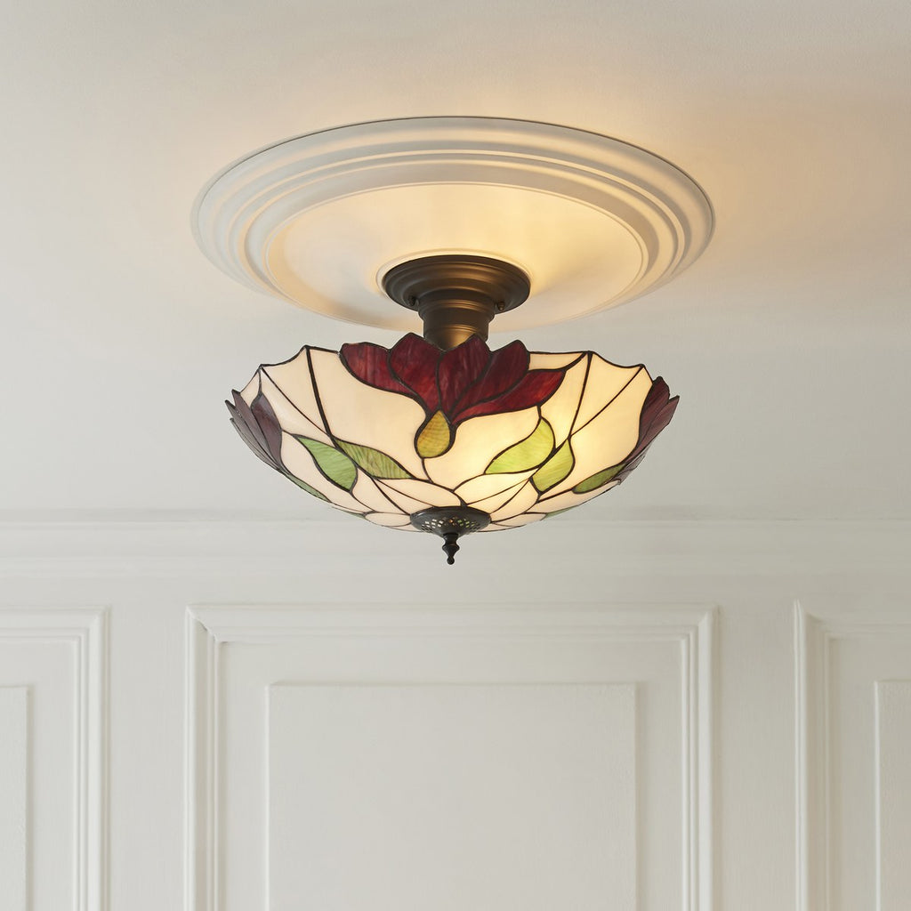 Interiors 1900 Botanica Large 3 Light Tiffany Semi Flush Ceiling Light in Satin Black
