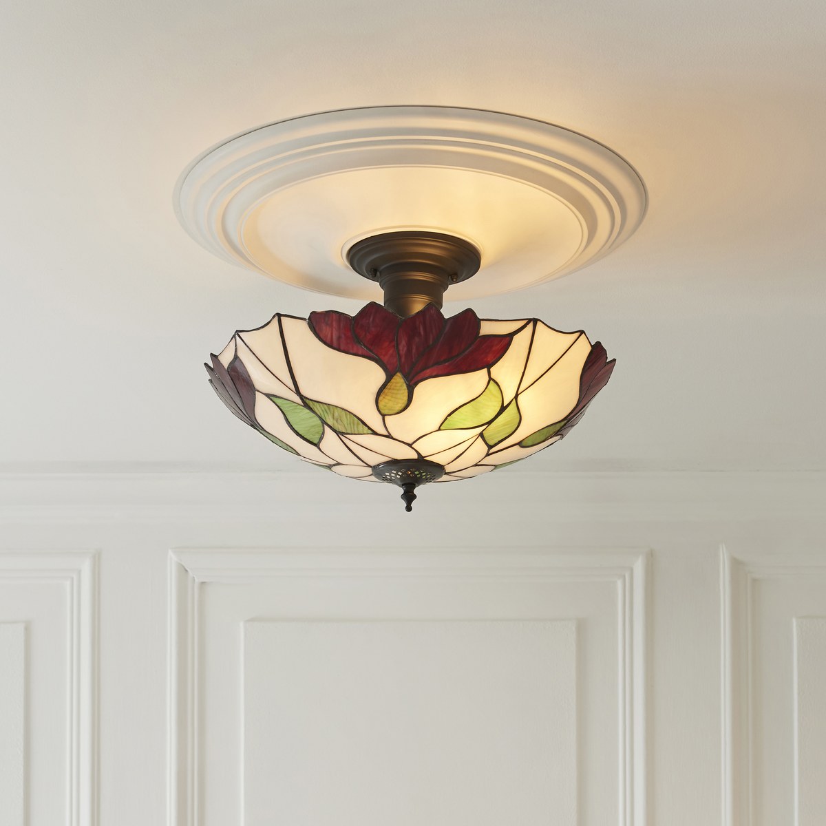 Interiors 1900 Botanica Large 3 Light Tiffany Semi Flush Ceiling Light in Satin Black