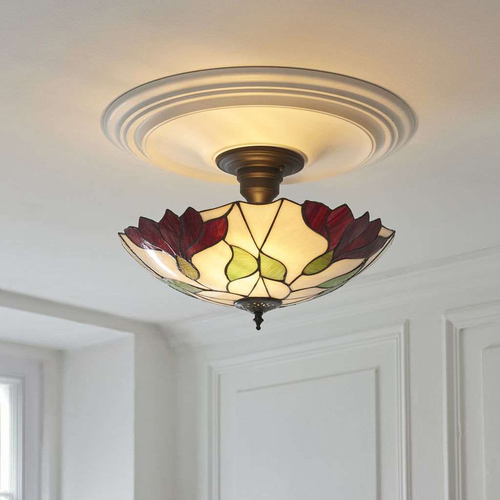 Interiors 1900 Botanica Large 3 Light Tiffany Semi Flush Ceiling Light in Satin Black