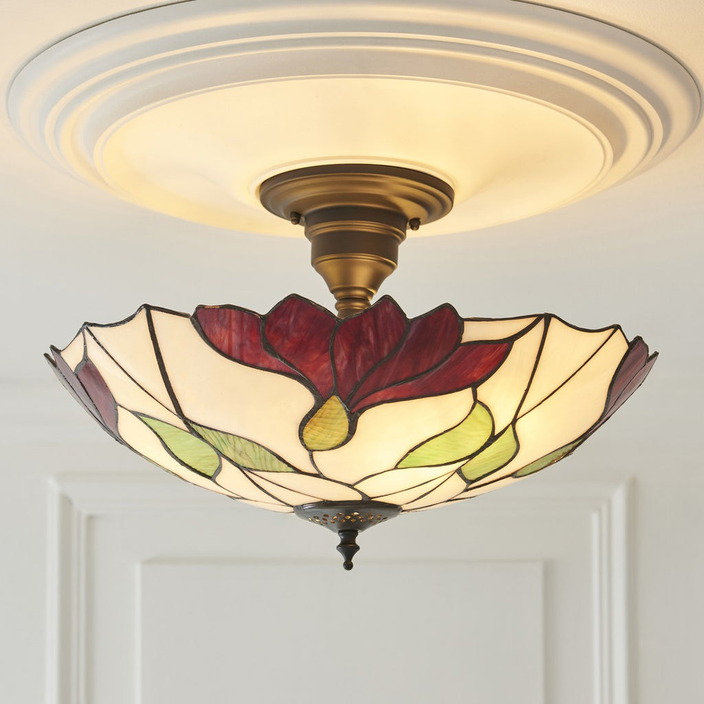 Interiors 1900 Botanica Large 3 Light Tiffany Semi Flush Ceiling Light in Satin Black