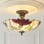 Interiors 1900 Botanica Large 3 Light Tiffany Semi Flush Ceiling Light in Satin Black