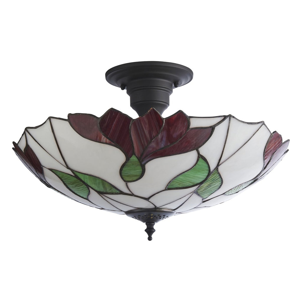 Interiors 1900 Botanica Large 3 Light Tiffany Semi Flush Ceiling Light in Satin Black