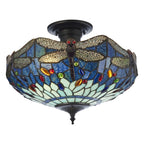 Interiors 1900 Dragonfly 3 Light Tiffany Semi Flush Ceiling Light in Satin Black with Blue Glass