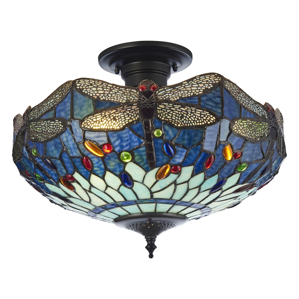 Interiors 1900 Dragonfly 3 Light Tiffany Semi Flush Ceiling Light in Satin Black with Blue Glass