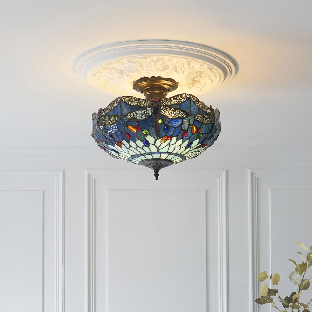 Interiors 1900 Dragonfly 3 Light Tiffany Semi Flush Ceiling Light in Satin Black with Blue Glass