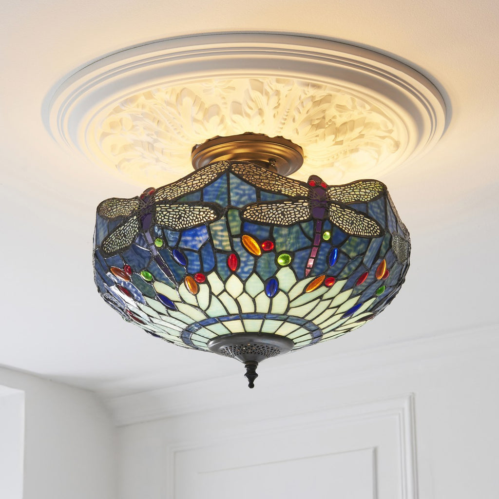 Interiors 1900 Dragonfly 3 Light Tiffany Semi Flush Ceiling Light in Satin Black with Blue Glass
