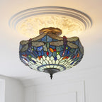 Interiors 1900 Dragonfly 3 Light Tiffany Semi Flush Ceiling Light in Satin Black with Blue Glass
