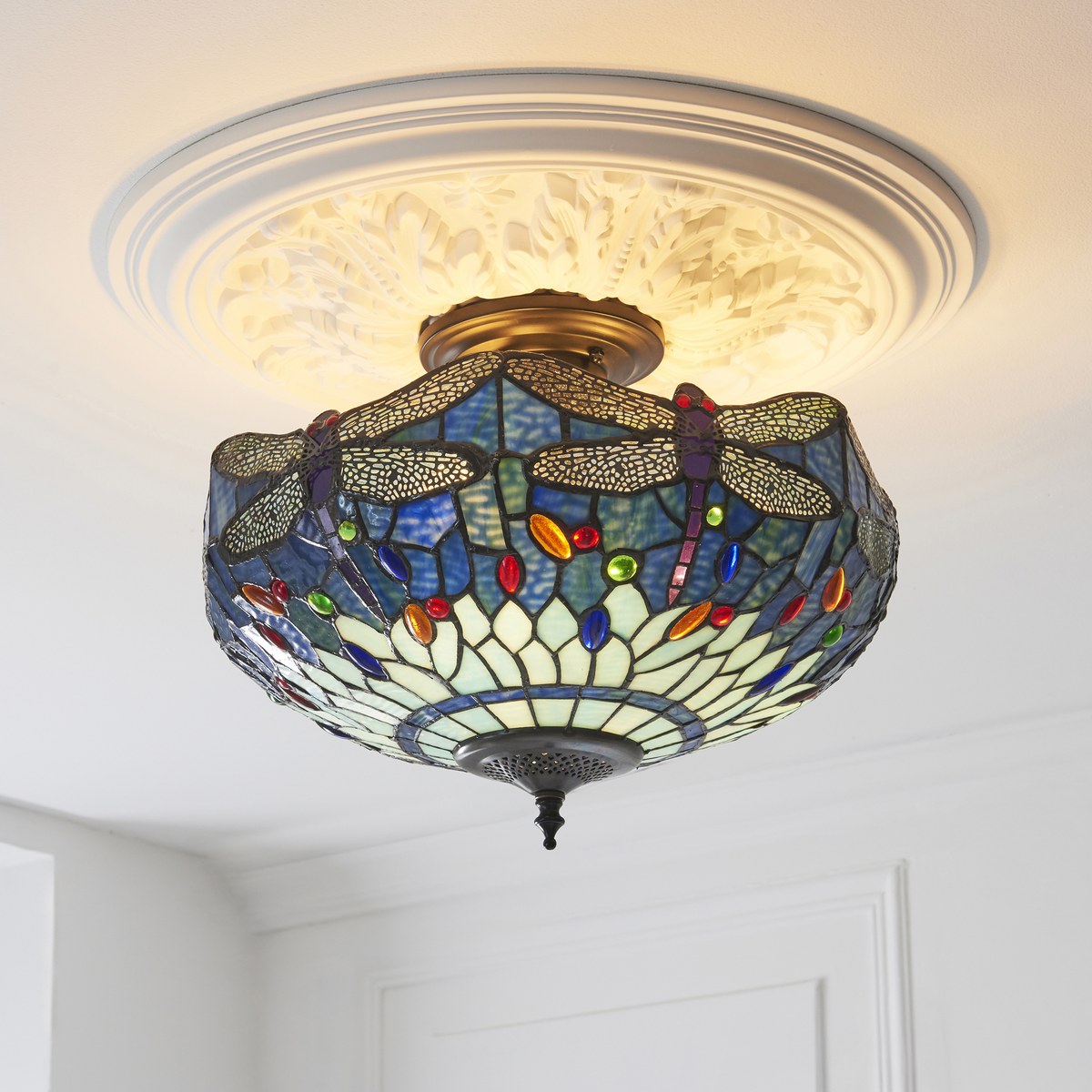 Interiors 1900 Dragonfly 3 Light Tiffany Semi Flush Ceiling Light in Satin Black with Blue Glass