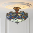 Interiors 1900 Dragonfly 3 Light Tiffany Semi Flush Ceiling Light in Satin Black with Blue Glass