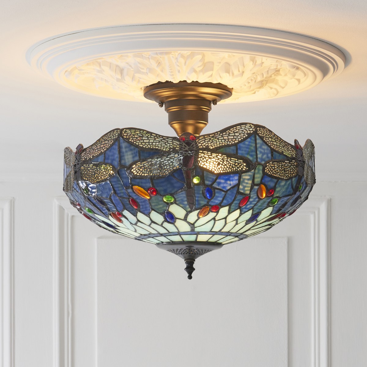Interiors 1900 Dragonfly 3 Light Tiffany Semi Flush Ceiling Light in Satin Black with Blue Glass