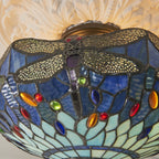 Interiors 1900 Dragonfly 3 Light Tiffany Semi Flush Ceiling Light in Satin Black with Blue Glass