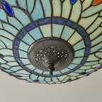 Interiors 1900 Dragonfly 3 Light Tiffany Semi Flush Ceiling Light in Satin Black with Blue Glass