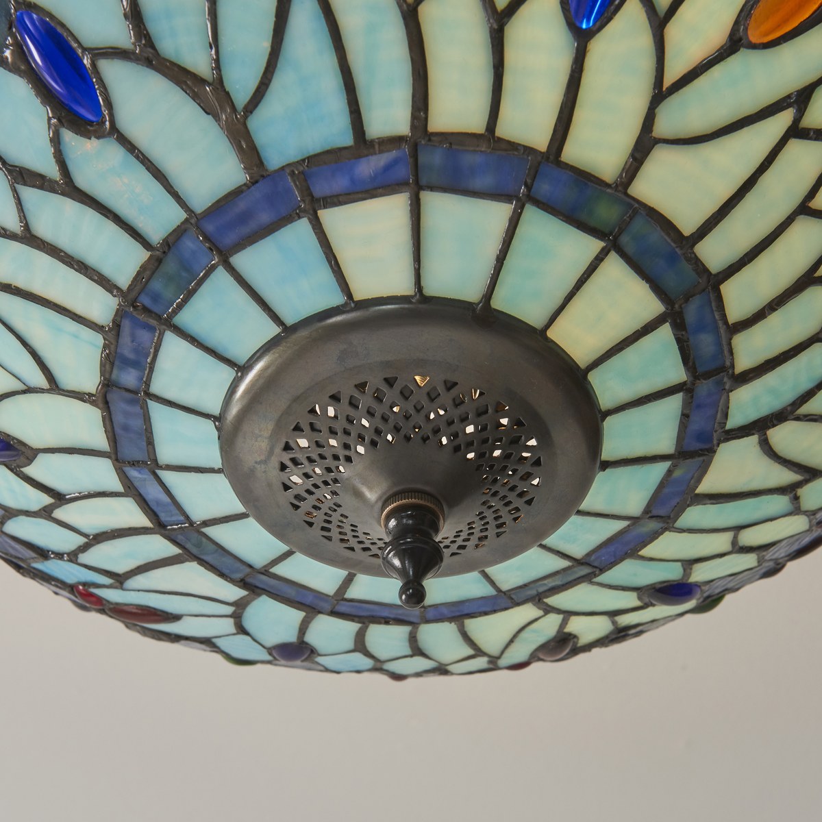 Interiors 1900 Dragonfly 3 Light Tiffany Semi Flush Ceiling Light in Satin Black with Blue Glass