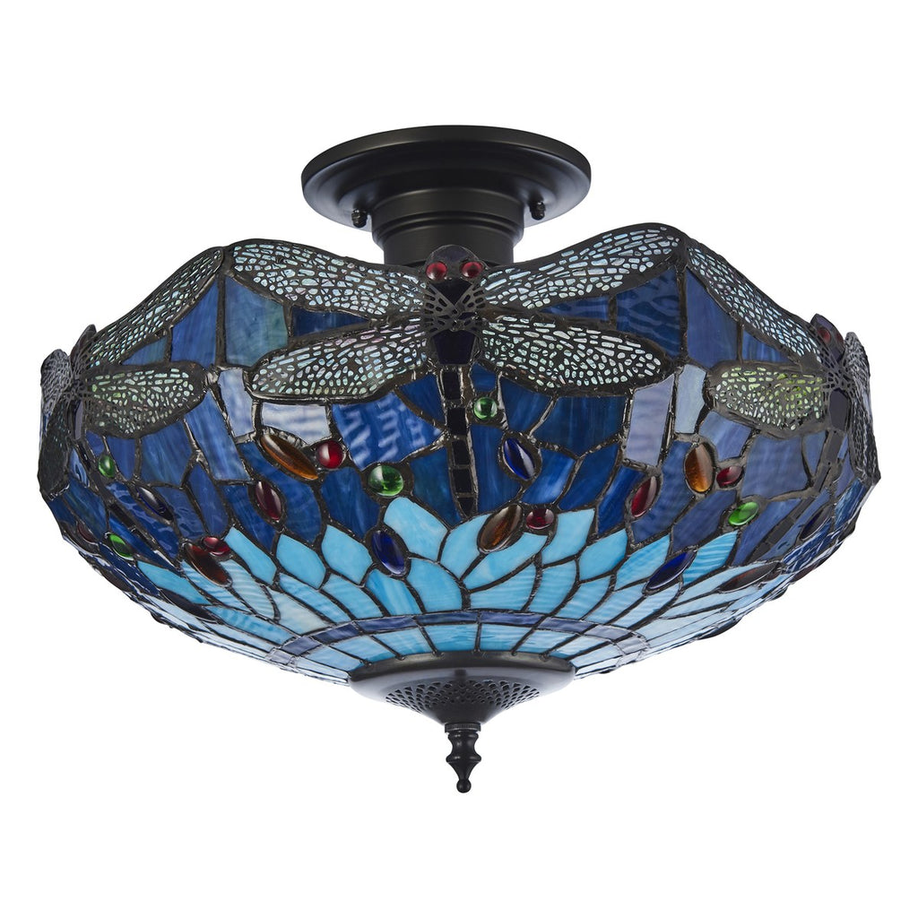 Interiors 1900 Dragonfly 3 Light Tiffany Semi Flush Ceiling Light in Satin Black with Blue Glass