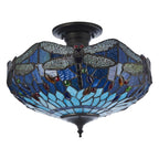 Interiors 1900 Dragonfly 3 Light Tiffany Semi Flush Ceiling Light in Satin Black with Blue Glass