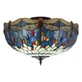 Interiors 1900 Dragonfly Large 3 Light Tiffany Semi Flush Ceiling Light in Satin Black with Blue Glass