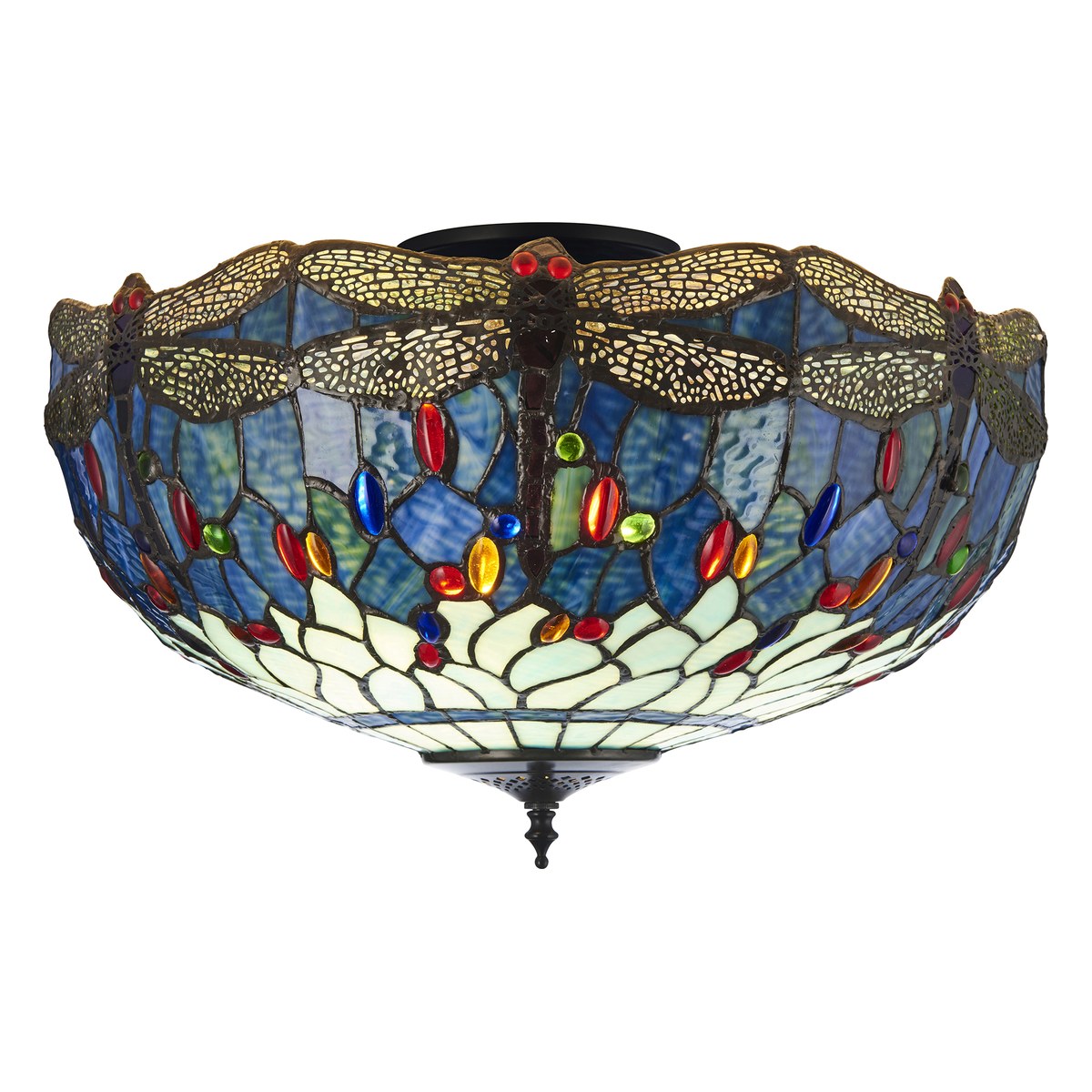Interiors 1900 Dragonfly Large 3 Light Tiffany Semi Flush Ceiling Light in Satin Black with Blue Glass