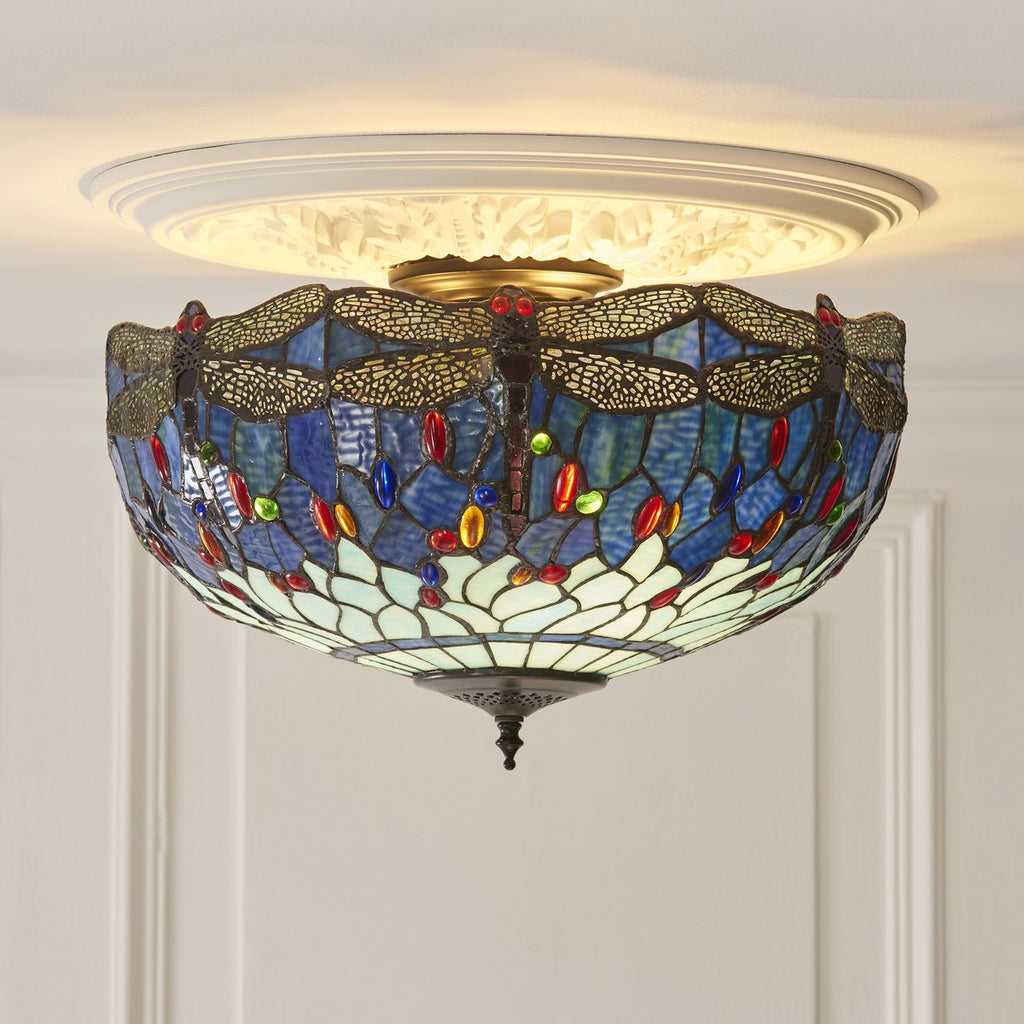 Interiors 1900 Dragonfly Large 3 Light Tiffany Semi Flush Ceiling Light in Satin Black with Blue Glass